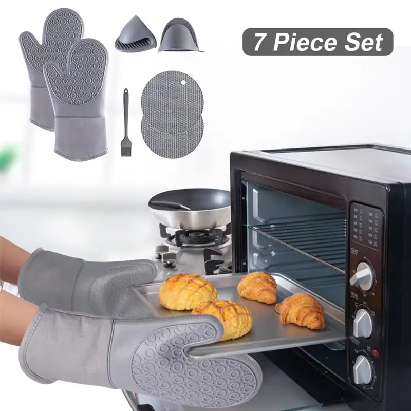 7Pcs/set Microwave Heat Insulation Silicone Gloves, Pot Holder & Hand Clip