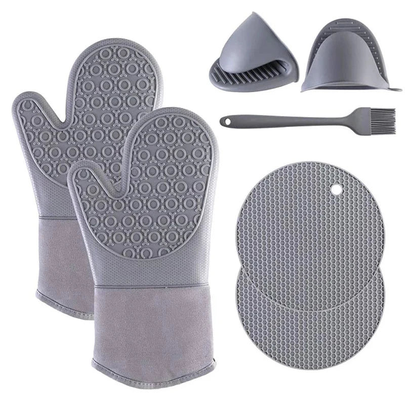 7Pcs/set Microwave Heat Insulation Silicone Gloves, Pot Holder & Hand Clip