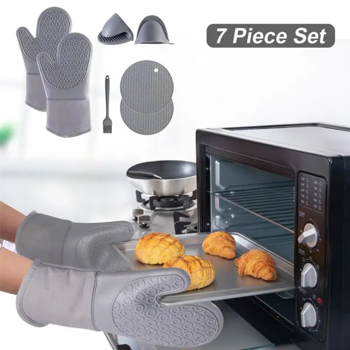7Pcs/set Microwave Heat Insulation Silicone Gloves, Pot Holder & Hand Clip