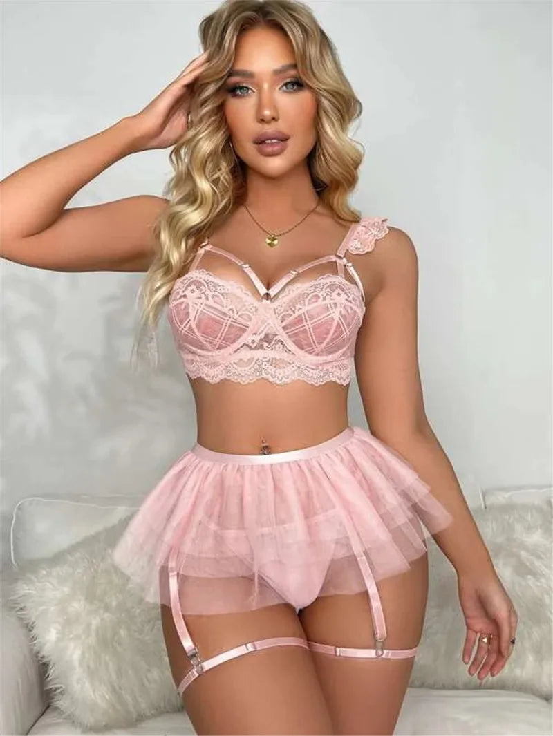 Women Mesh Gown Dress Garter Brief Erotic Underwear Sexy Set
