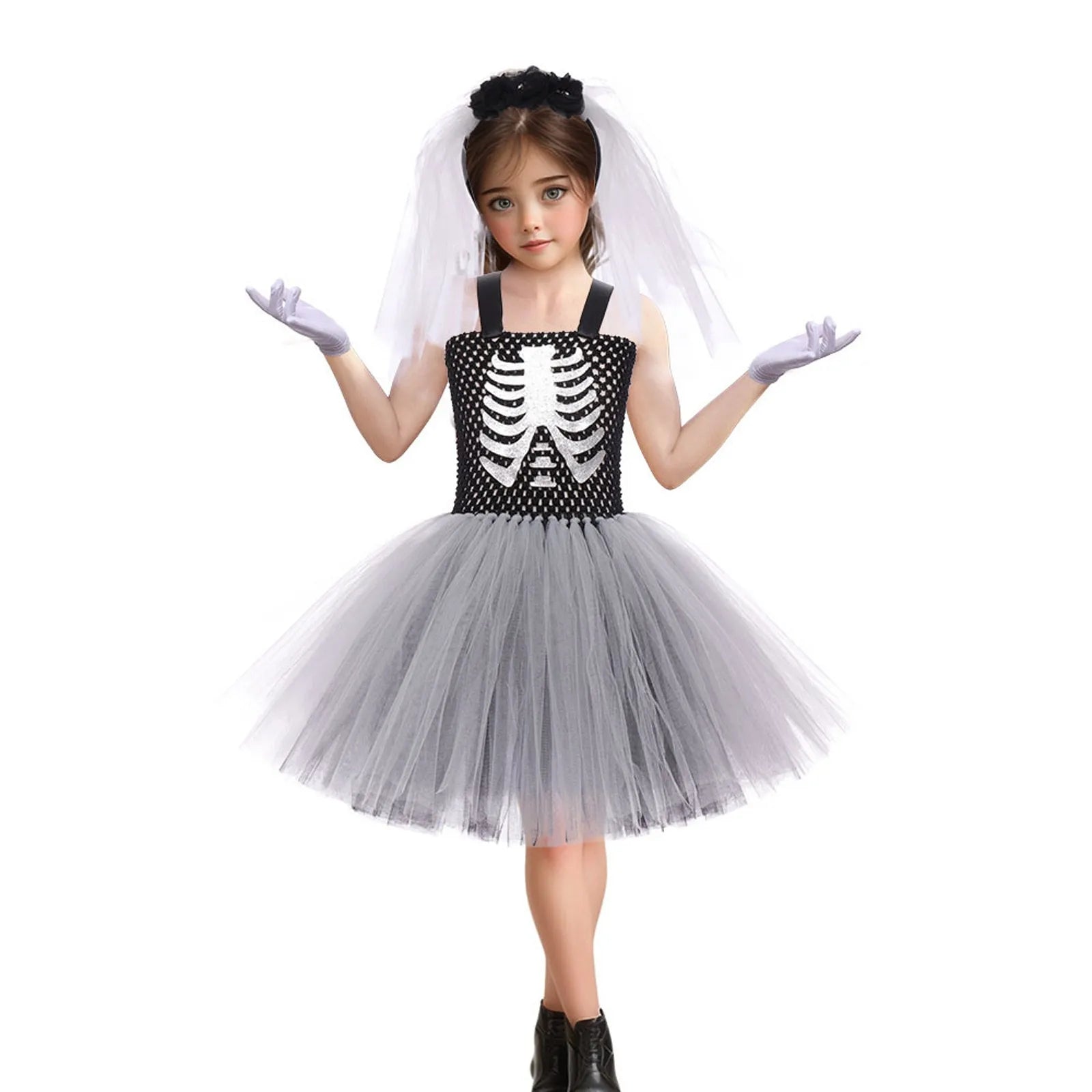 Halloween Kid Skeleton Bride Sleeveless Dress
