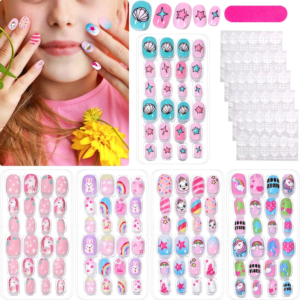 120Pcs Children Cartoon Acrylic Fake Nails Tips With Jelly Glue