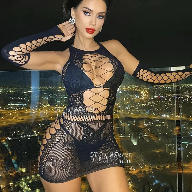 Lady Crotchless Sexy Lingerie Dress With Gloves Erotic Underwear