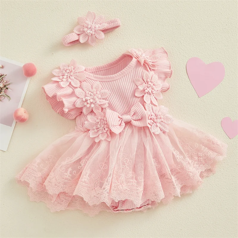3D Flower Summer Baby Girls Lace Bodysuit Dress