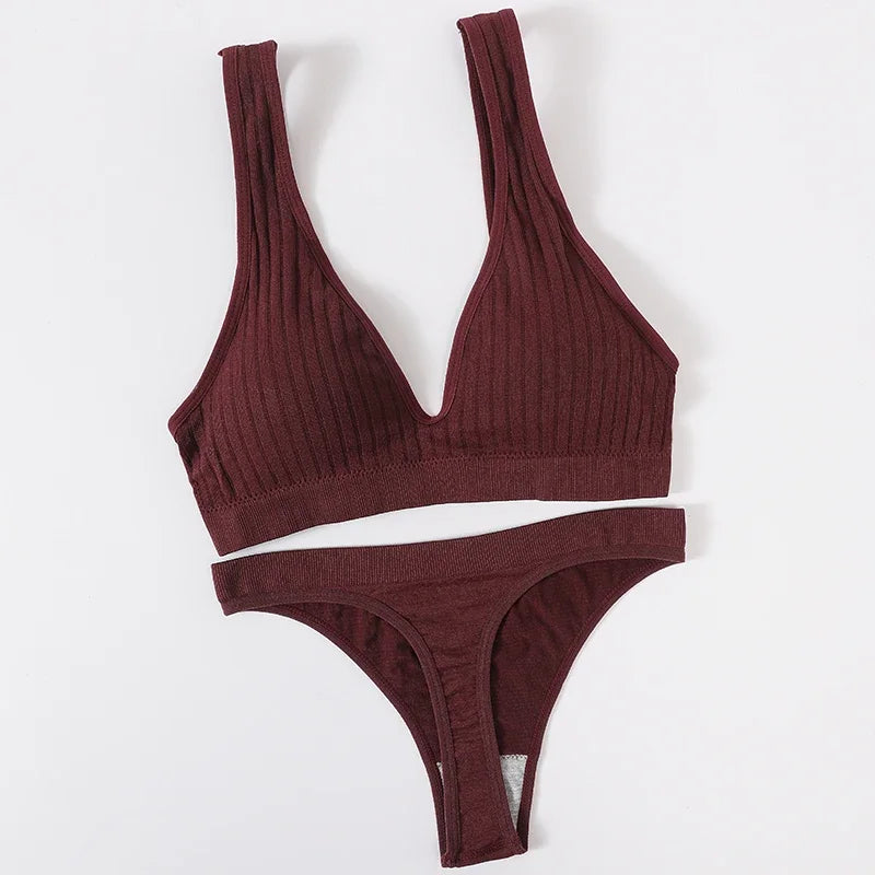 Women Seamless Underwear Deep V Bras Sport Top Lingerie Set