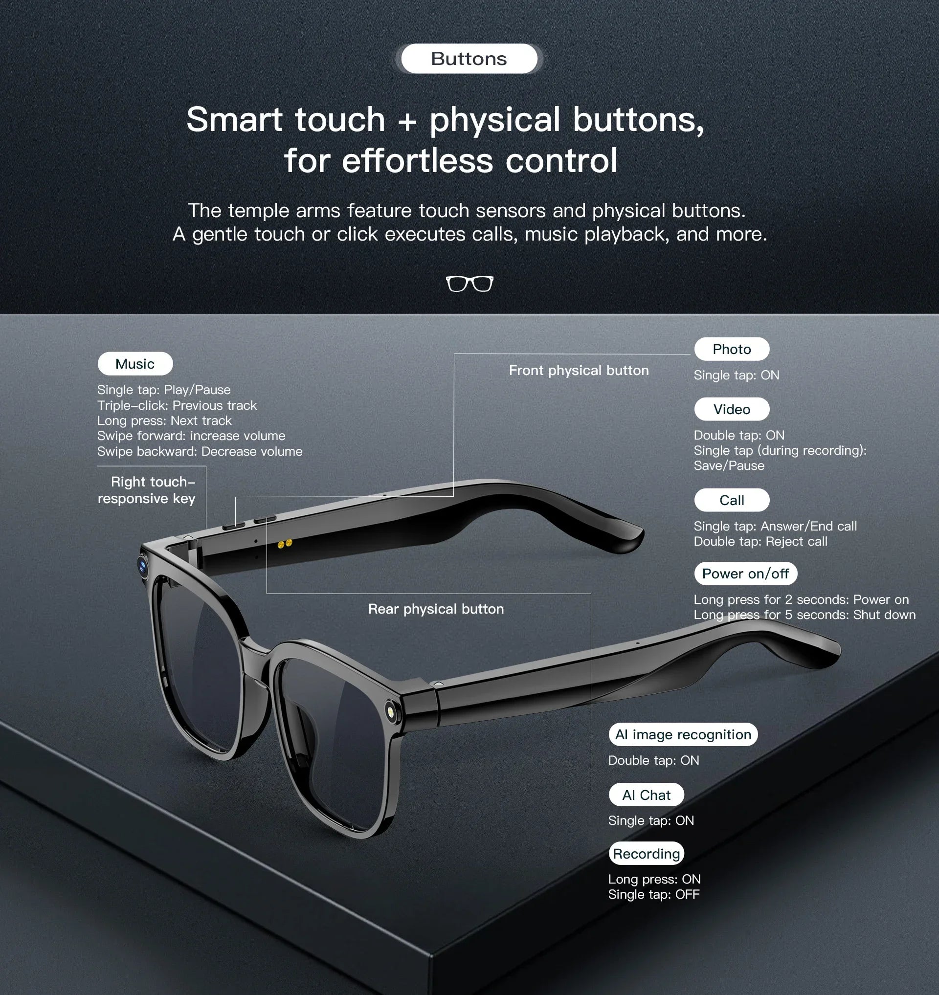 Smart AI Translation 4K Camera Bluetooth Music Glasses