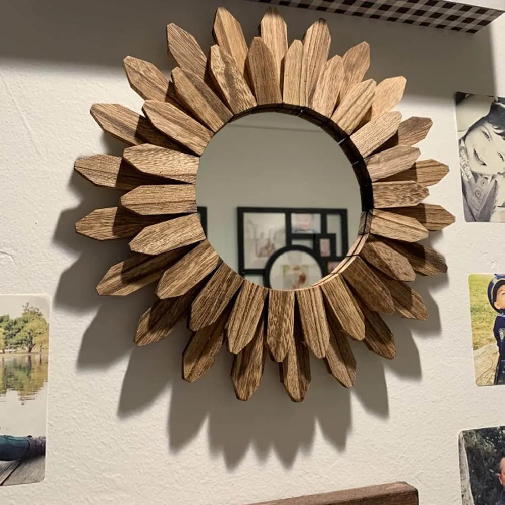 12 inch Rustic Wood Boho Aesthetic Mirror Decor
