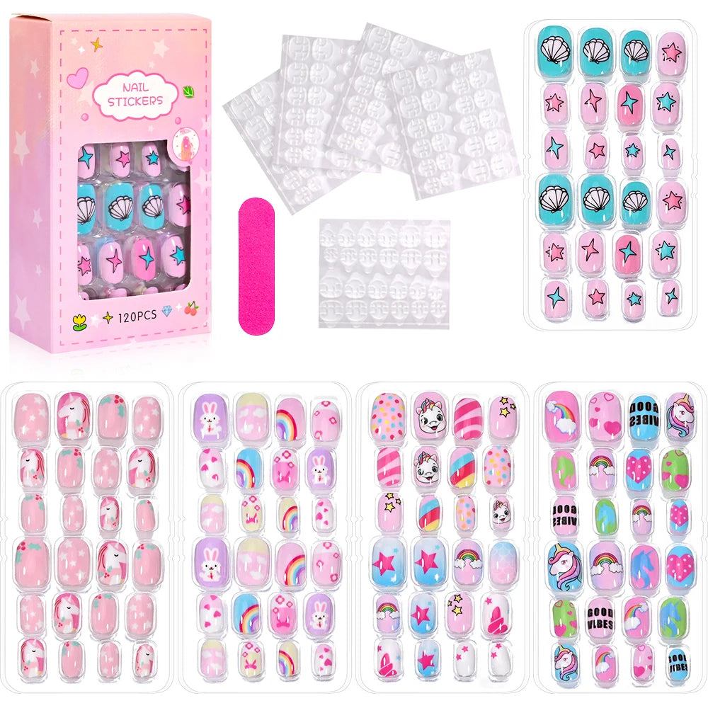 120Pcs Children Cartoon Acrylic Fake Nails Tips With Jelly Glue