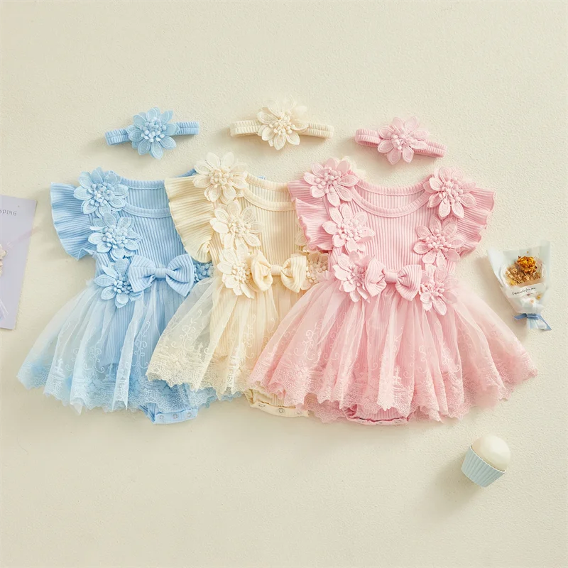 3D Flower Summer Baby Girls Lace Bodysuit Dress