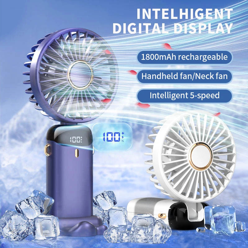 Mini Portable Neck Hanging 5 Speed USB Rechargeable Fan with Phone Stand 1800mAh