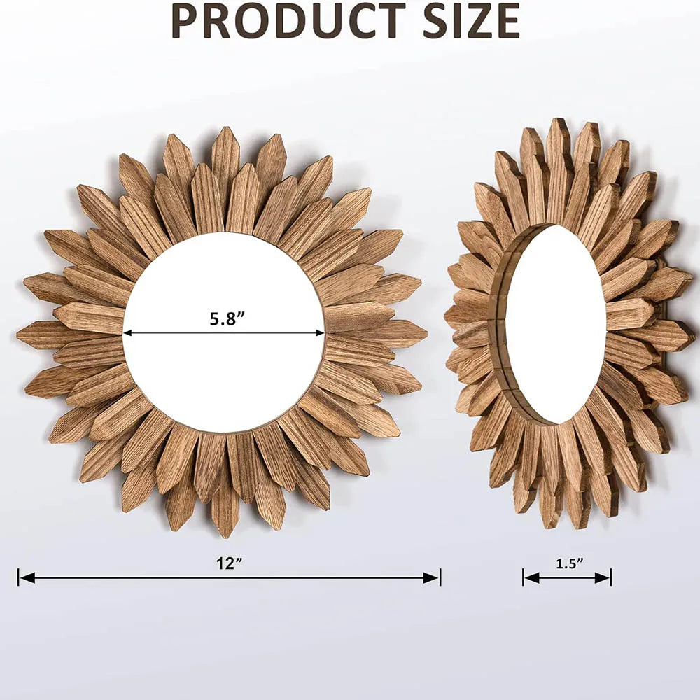 12 inch Rustic Wood Boho Aesthetic Mirror Decor