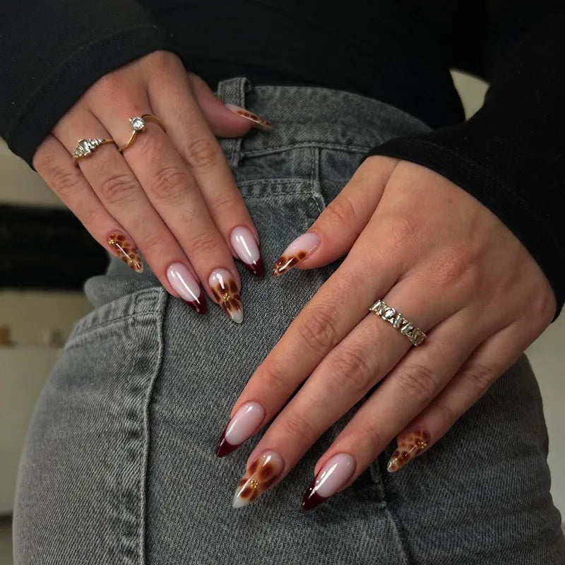 24Pcs Purple Heart Almond with Glue French Wearable Fake Nails