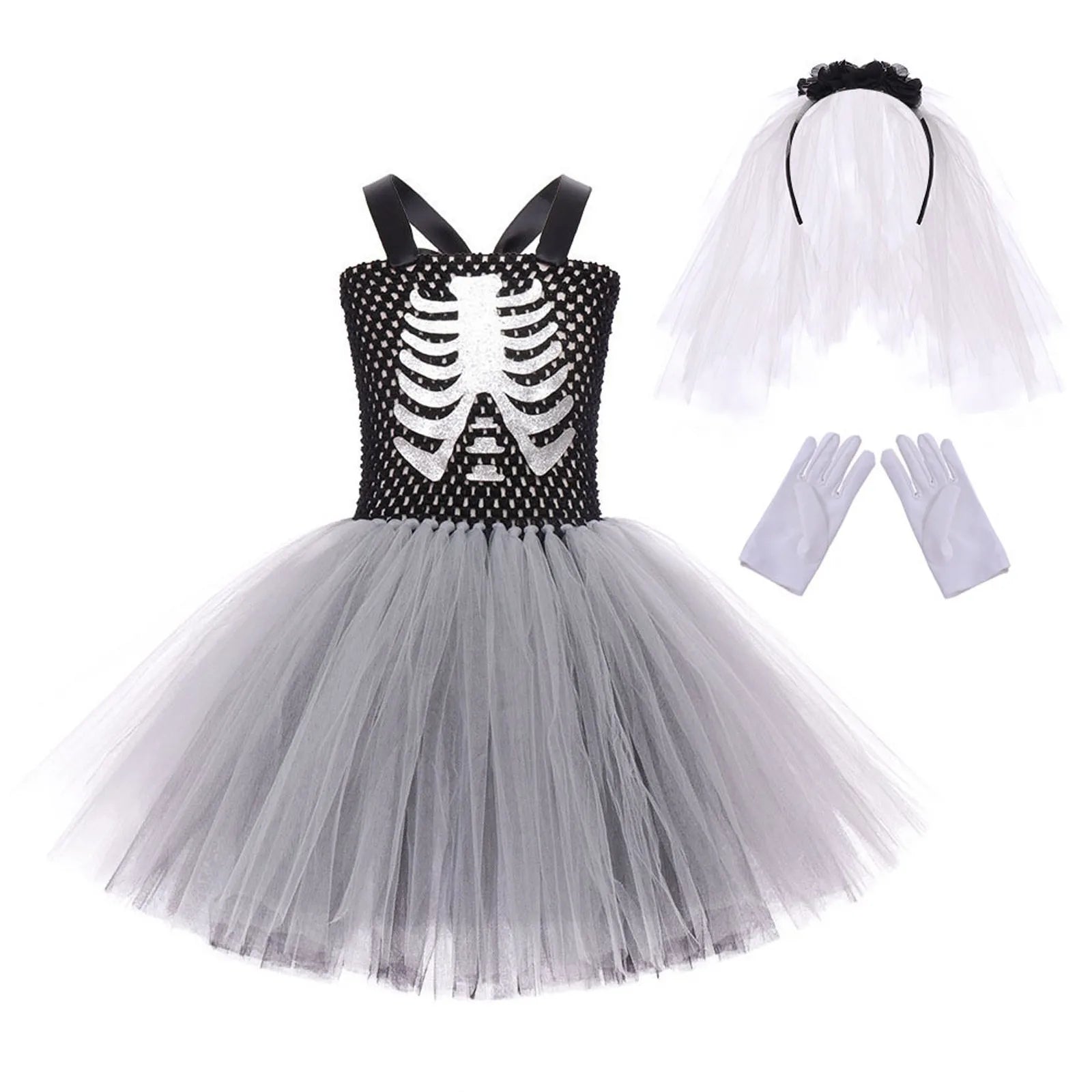 Halloween Kid Skeleton Bride Sleeveless Dress