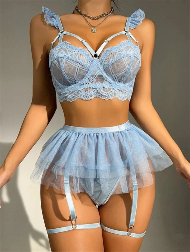Women Mesh Gown Dress Garter Brief Erotic Underwear Sexy Set