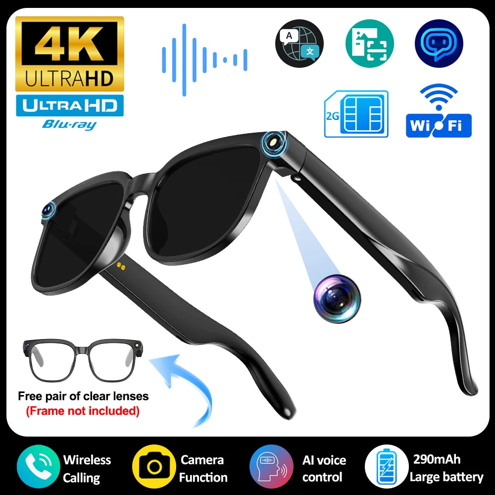 Smart AI Translation 4K Camera Bluetooth Music Glasses