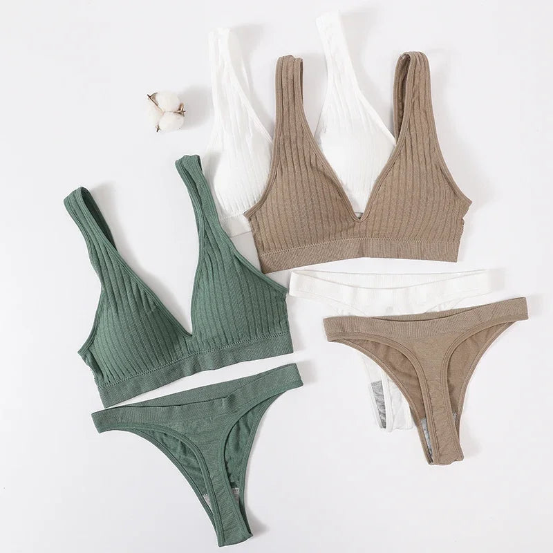 Women Seamless Underwear Deep V Bras Sport Top Lingerie Set