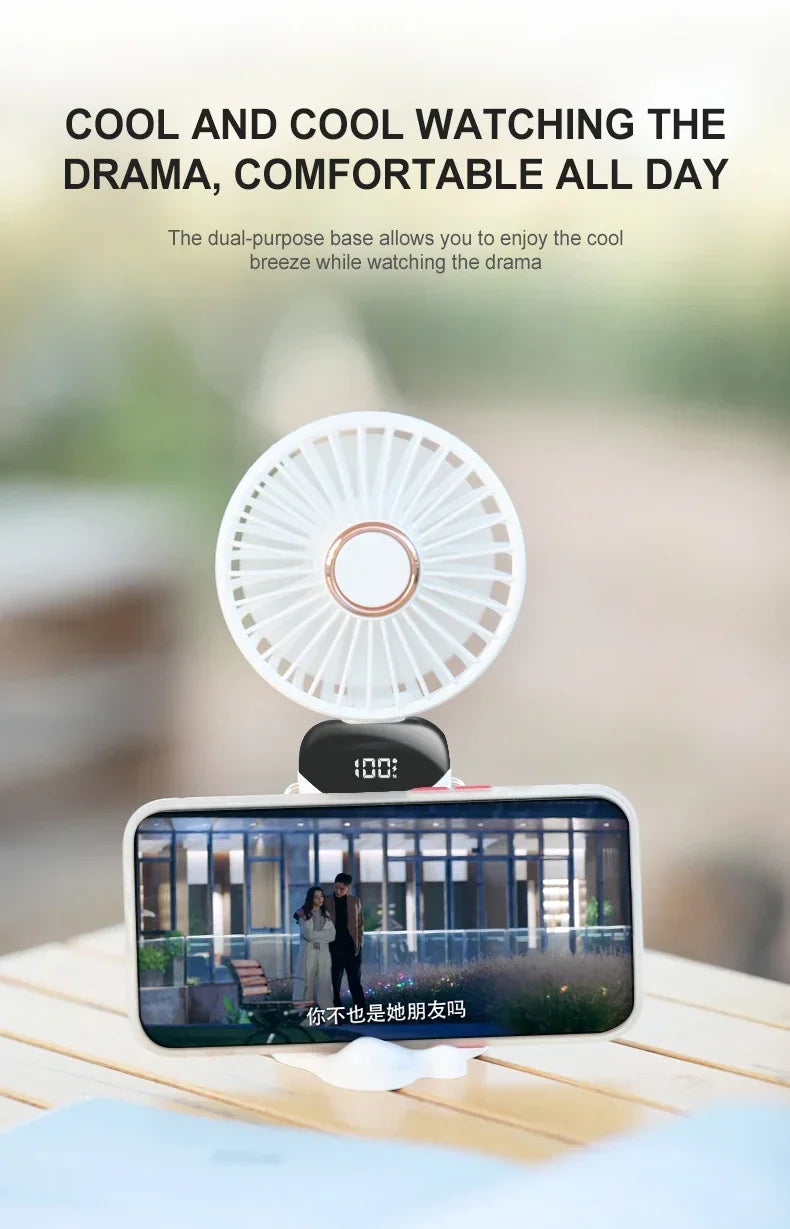 Mini Portable Neck Hanging 5 Speed USB Rechargeable Fan with Phone Stand 1800mAh