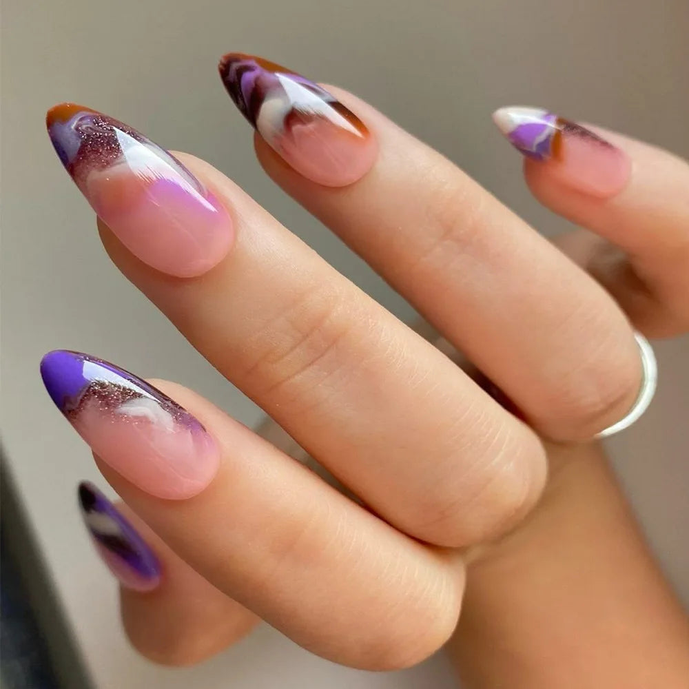 24Pcs Purple Heart Almond with Glue French Wearable Fake Nails