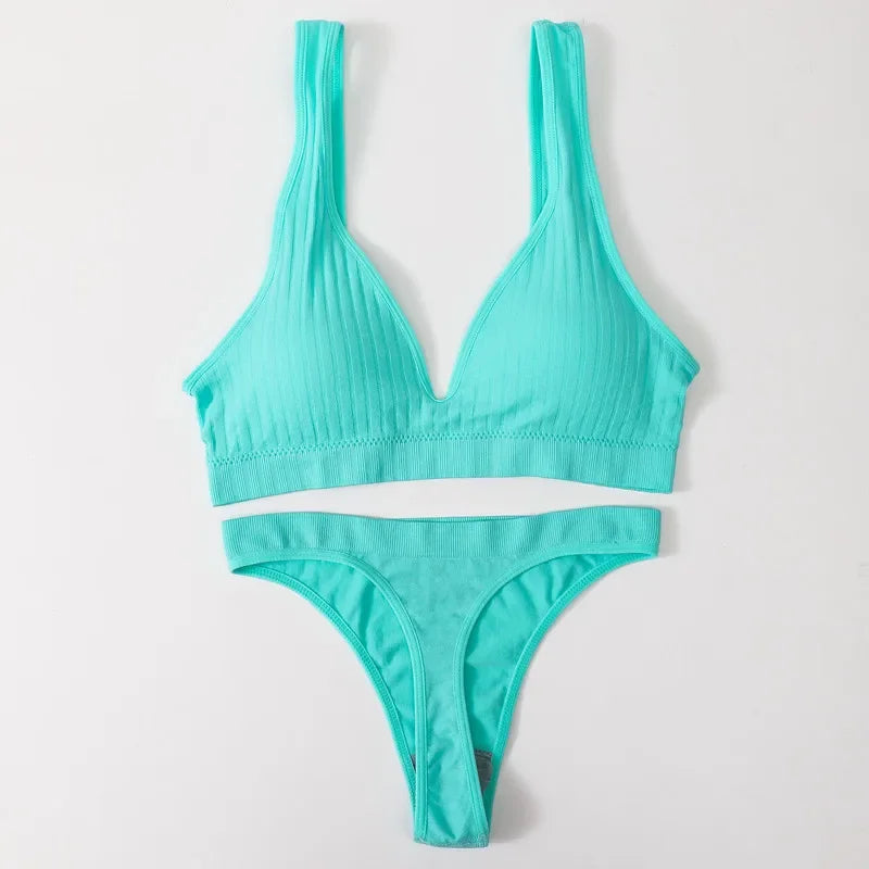 Women Seamless Underwear Deep V Bras Sport Top Lingerie Set