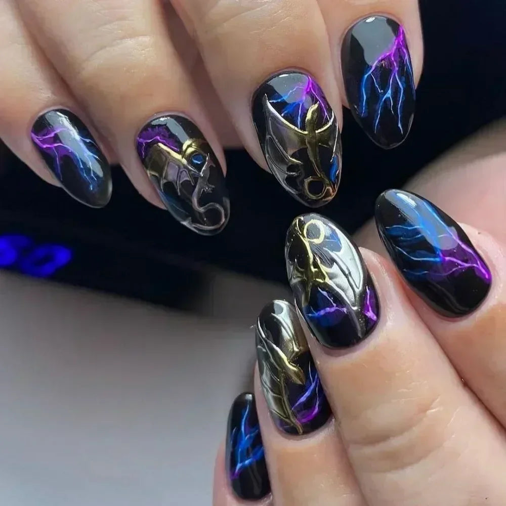 24Pcs Purple Heart Almond with Glue French Wearable Fake Nails