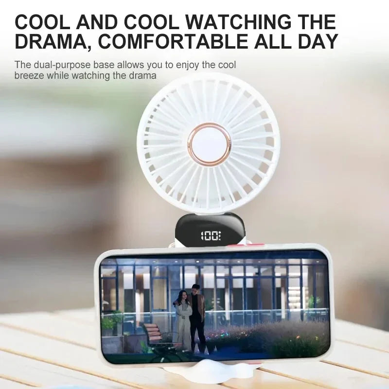 Mini Portable Neck Hanging 5 Speed USB Rechargeable Fan with Phone Stand 1800mAh