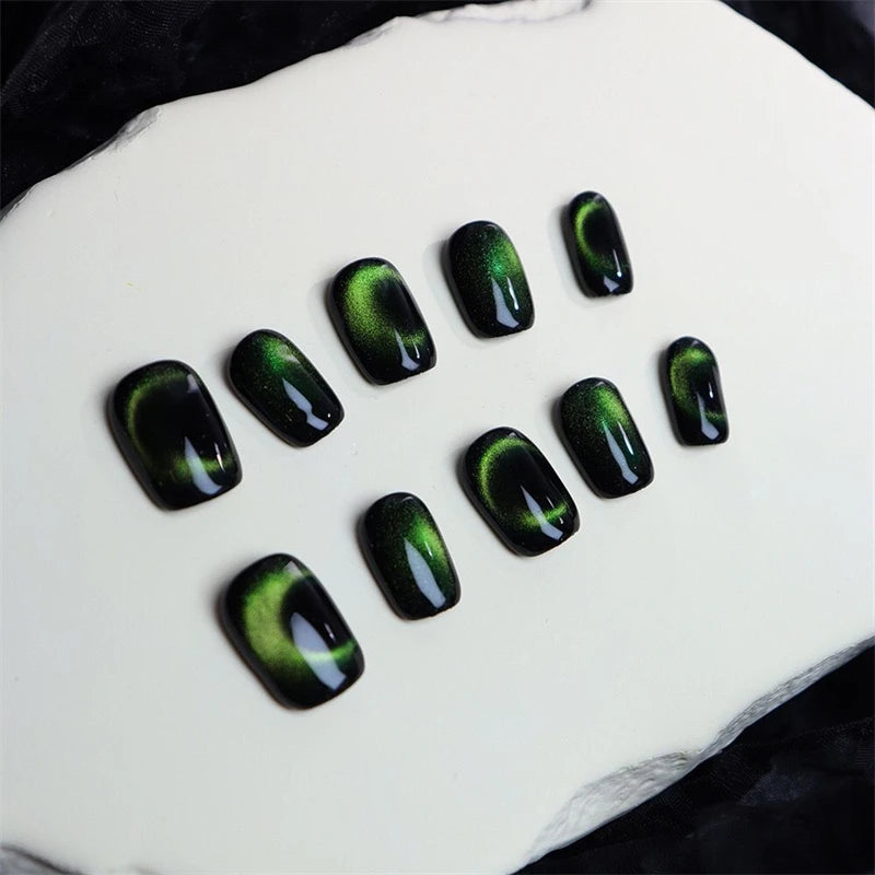Moon Cat Eye Black Fake Artificial Nails Tips Manicure
