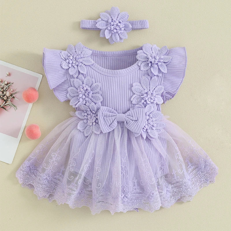 3D Flower Summer Baby Girls Lace Bodysuit Dress