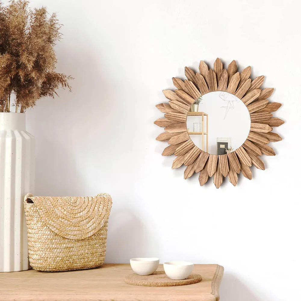 12 inch Rustic Wood Boho Aesthetic Mirror Decor