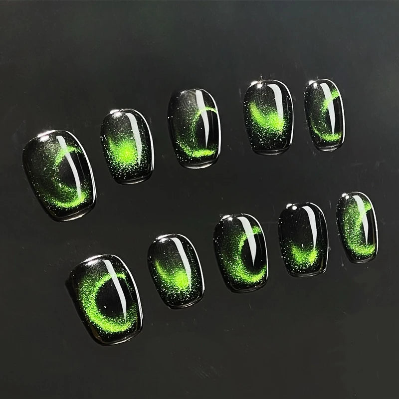 Moon Cat Eye Black Fake Artificial Nails Tips Manicure