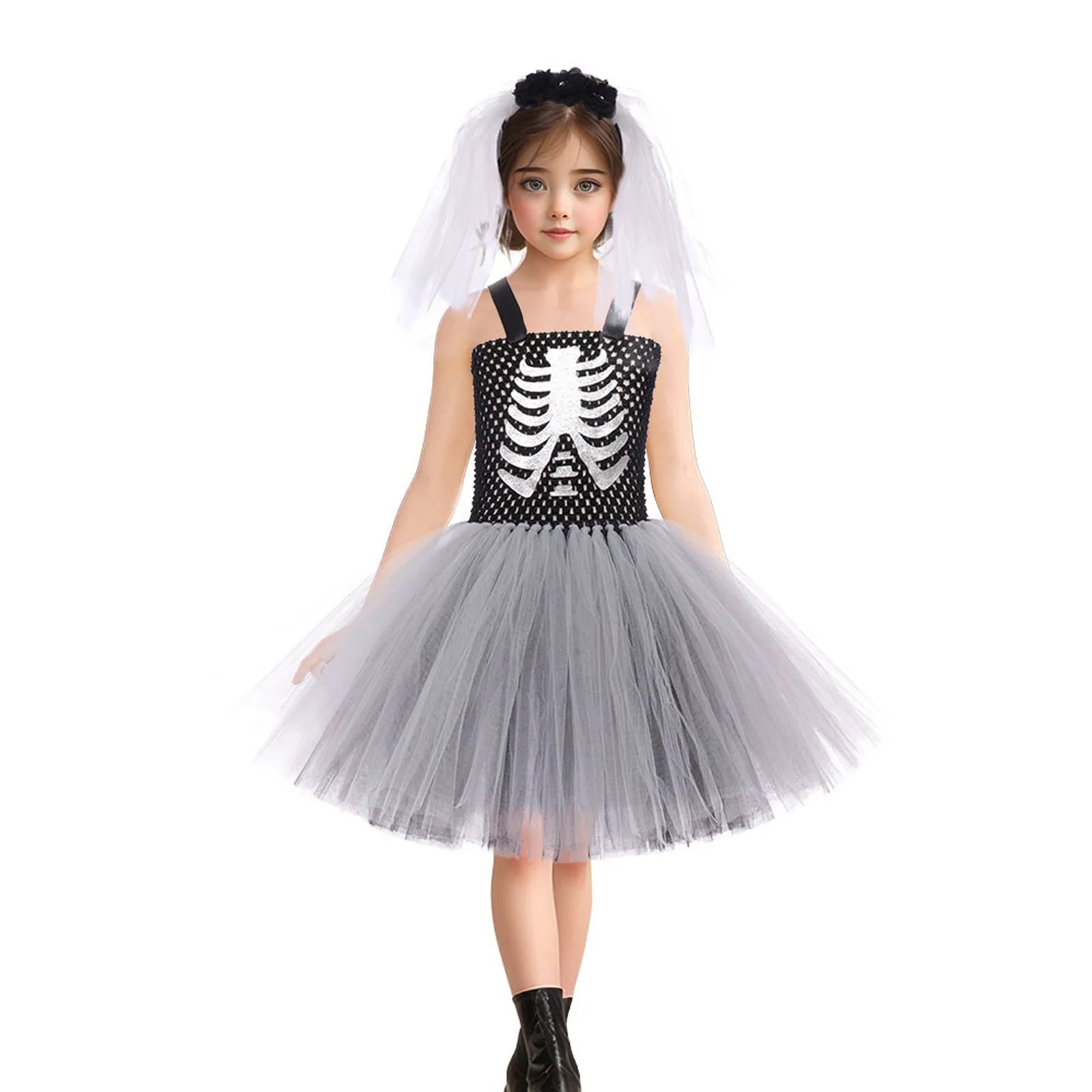Halloween Kid Skeleton Bride Sleeveless Dress